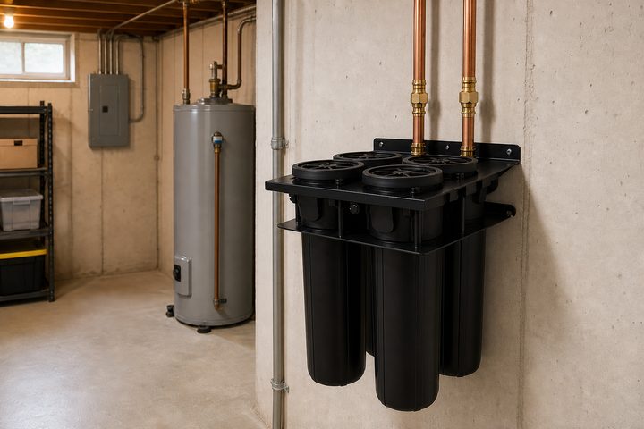 El equipo montado en la pared junto al boiler, conectado con tubería de cobre
