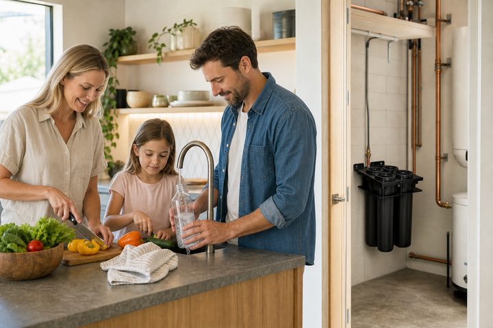 Una familia llenando un vaso en la llave de la cocina, con el sistema de filtración visible al fondo